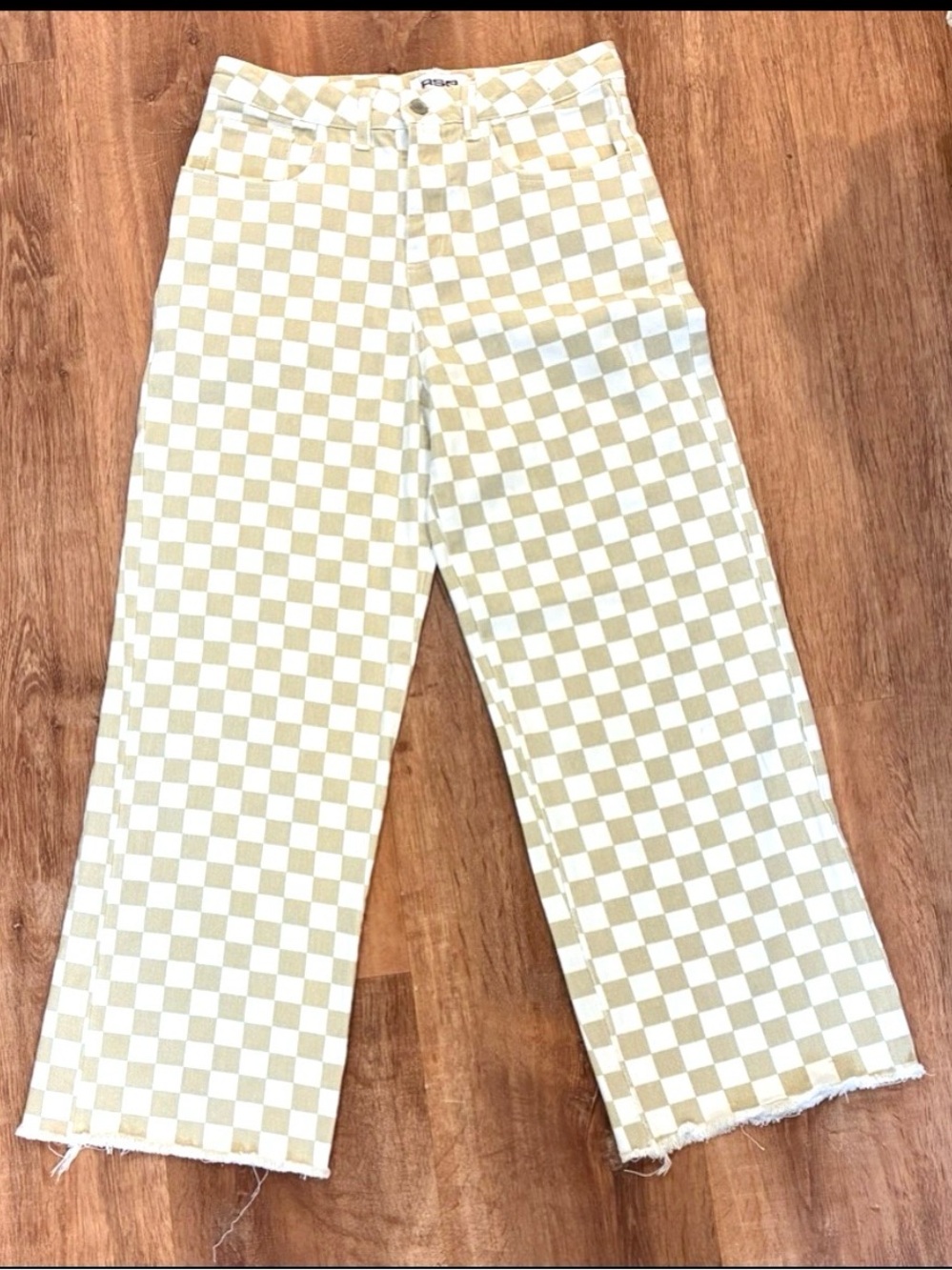 RSQ Checkerboard Straight Leg Jeans Tan Cream High Rise Women’s 27 Y2K
